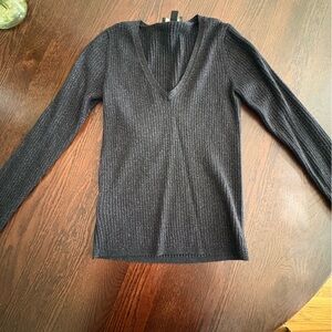 Ann Taylor Black Ribbed Metallic Knit V-Neck Sweater | Size M